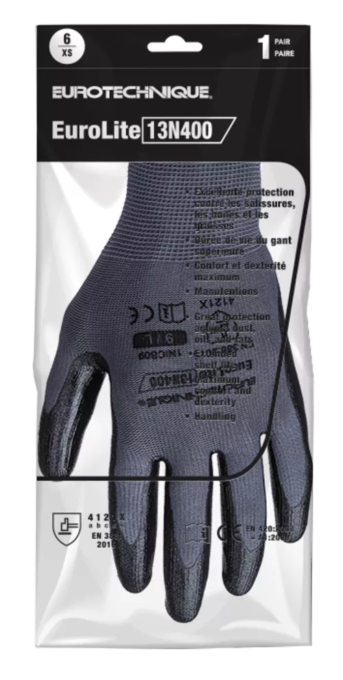 Lot de 10) Gants anti-coupure EUROCUT N313 13G gris ENDUCTION paume nitrile  lisse noir - extra confort Taille 7